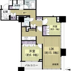 2LDK、専有面積71.26m2、バルコニー面積4.6m2 明るい南西角部屋・富士山×レインボーブリッジ×ゲートブリッジビュー ディスポーザー・床暖房・浴室乾燥機・追い炊き機能など設備も充実しています。